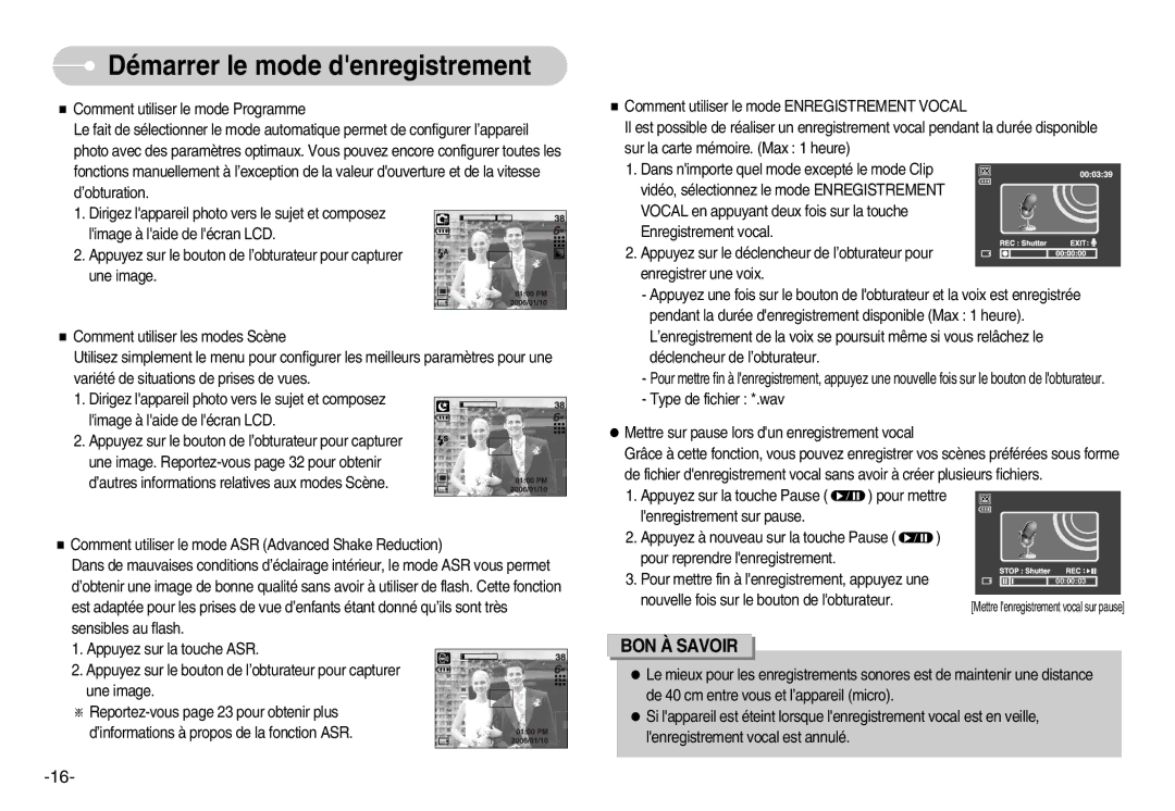 Samsung EC-I6ZZZBBB/FR, EC-I6ZZZSBB/FR, EC-I6ZZZSBA/FR, EC-I6ZZZBBA/FR manual Démarrer le mode denregistrement 