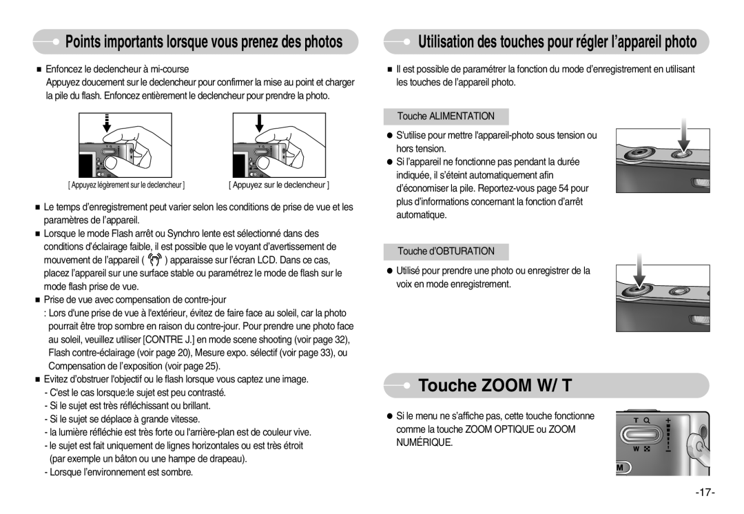 Samsung EC-I6ZZZSBA/FR, EC-I6ZZZSBB/FR, EC-I6ZZZBBB/FR Touche Zoom W/ T, Points importants lorsque vous prenez des photos 