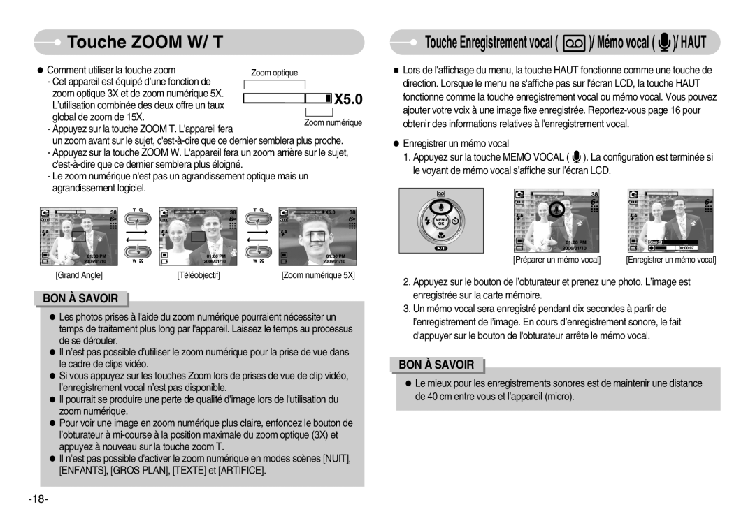 Samsung EC-I6ZZZBBA/FR, EC-I6ZZZSBB/FR, EC-I6ZZZBBB/FR, EC-I6ZZZSBA/FR manual Touche Enregistrement vocal / Mémo vocal / Haut 