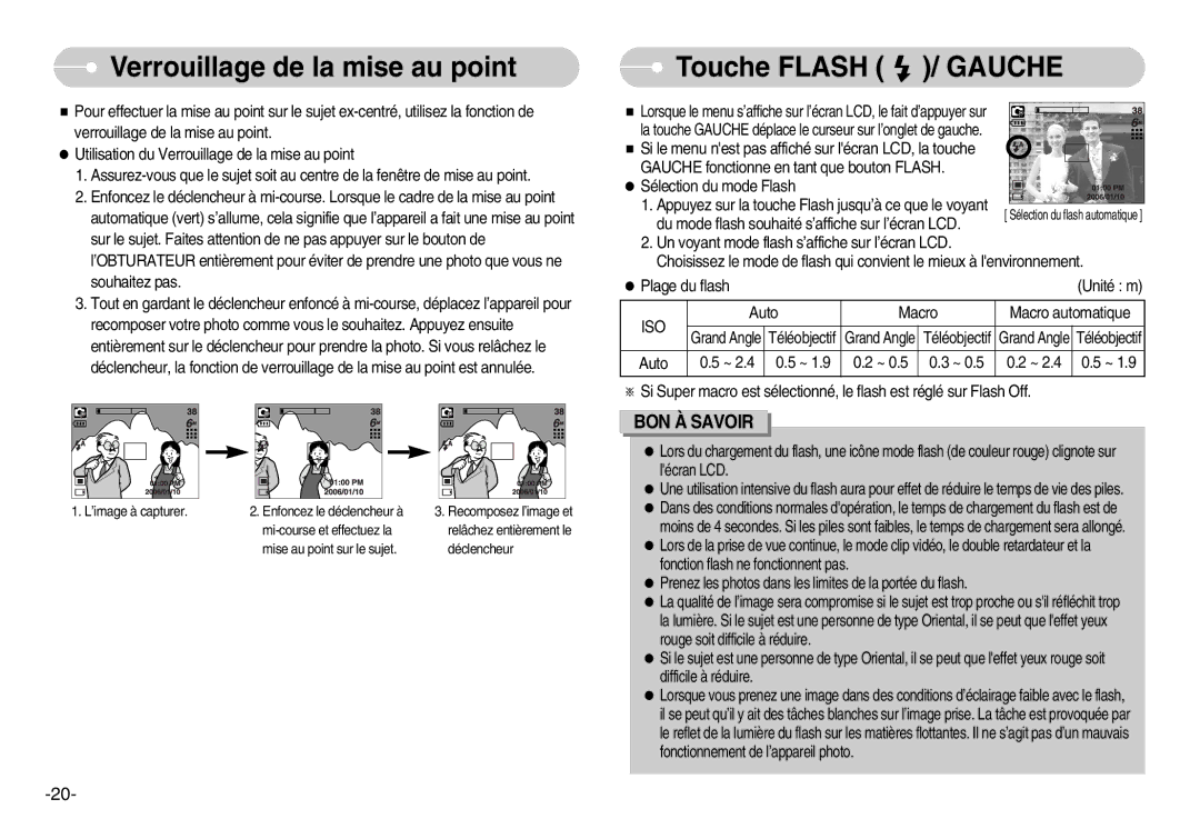 Samsung EC-I6ZZZBBB/FR, EC-I6ZZZSBB/FR, EC-I6ZZZSBA/FR manual Verrouillage de la mise au point, Touche Flash / Gauche, Iso 