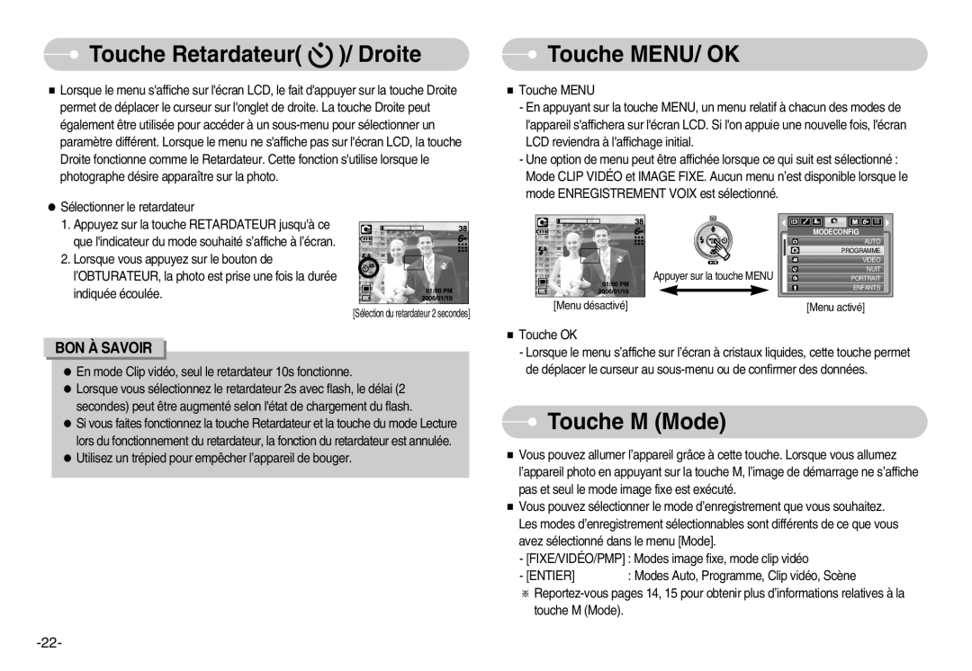 Samsung EC-I6ZZZBBA/FR, EC-I6ZZZSBB/FR, EC-I6ZZZBBB/FR manual Touche Retardateur / Droite, Touche MENU/ OK, Touche M Mode 