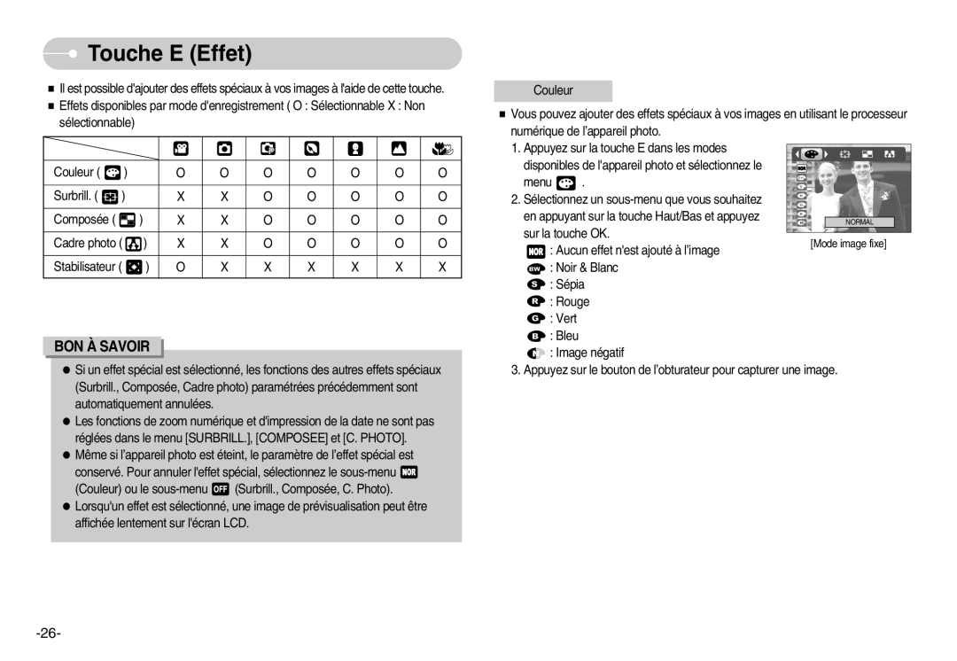 Samsung EC-I6ZZZBBA/FR, EC-I6ZZZSBB/FR, EC-I6ZZZBBB/FR, EC-I6ZZZSBA/FR manual Touche E Effet 