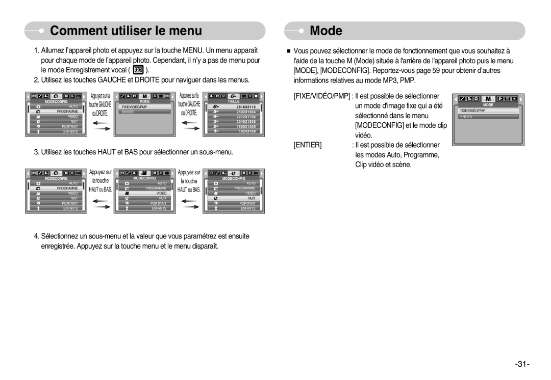 Samsung EC-I6ZZZSBB/FR, EC-I6ZZZBBB/FR, EC-I6ZZZSBA/FR, EC-I6ZZZBBA/FR manual Comment utiliser le menu, Mode 