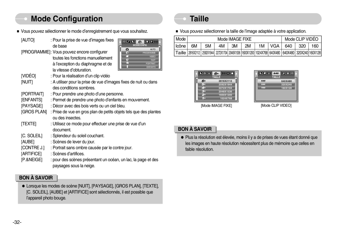 Samsung EC-I6ZZZBBB/FR, EC-I6ZZZSBB/FR, EC-I6ZZZSBA/FR, EC-I6ZZZBBA/FR Mode Configuration, Taille, Nuit, Portrait, Paysage 