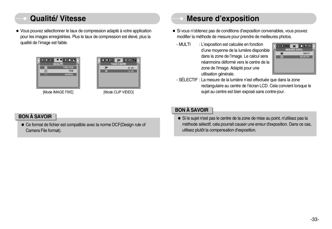 Samsung EC-I6ZZZSBA/FR, EC-I6ZZZSBB/FR, EC-I6ZZZBBB/FR, EC-I6ZZZBBA/FR manual Qualité/ Vitesse, Mesure d’exposition, Multi 