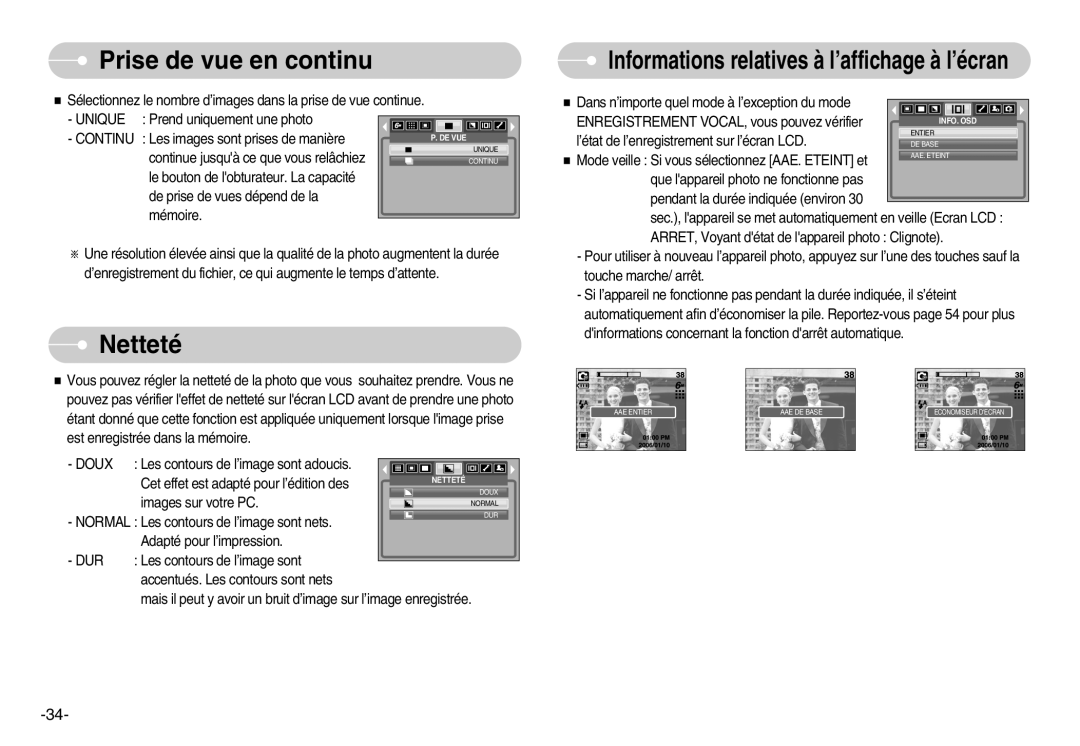 Samsung EC-I6ZZZBBA/FR, EC-I6ZZZSBB/FR, EC-I6ZZZBBB/FR, EC-I6ZZZSBA/FR manual Prise de vue en continu, Netteté, Continu 