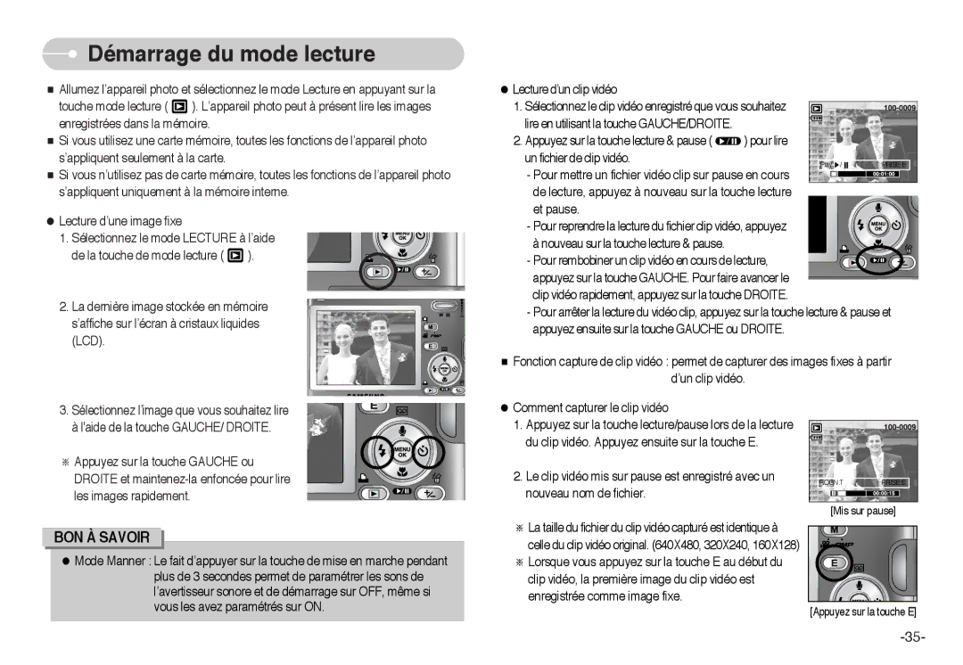 Samsung EC-I6ZZZSBB/FR, EC-I6ZZZBBB/FR, EC-I6ZZZSBA/FR, EC-I6ZZZBBA/FR manual Démarrage du mode lecture 