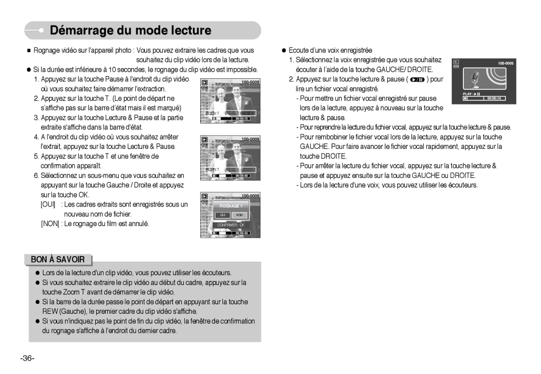 Samsung EC-I6ZZZBBB/FR, EC-I6ZZZSBB/FR, EC-I6ZZZSBA/FR, EC-I6ZZZBBA/FR manual Démarrage du mode lecture 