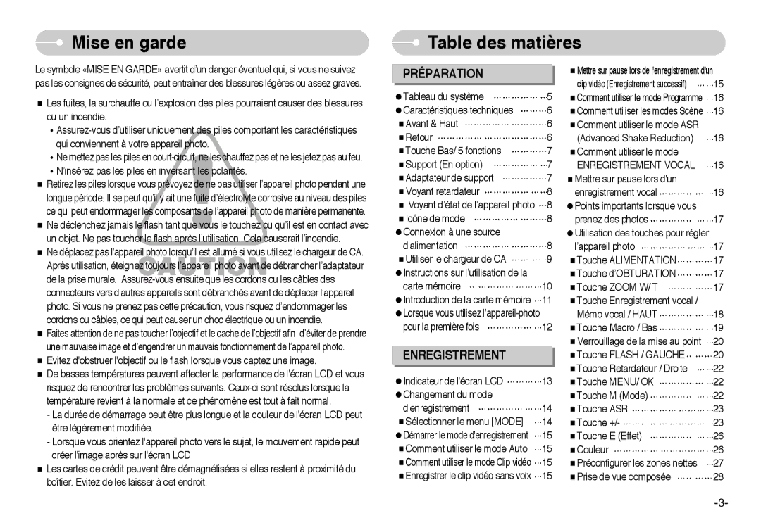 Samsung EC-I6ZZZSBB/FR, EC-I6ZZZBBB/FR, EC-I6ZZZSBA/FR manual Mise en garde, Table des matières, Enregistrement Vocal 