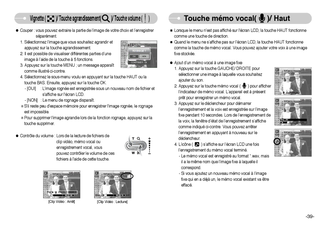 Samsung EC-I6ZZZSBB/FR, EC-I6ZZZBBB/FR, EC-I6ZZZSBA/FR, EC-I6ZZZBBA/FR manual Touche mémo vocal / Haut 