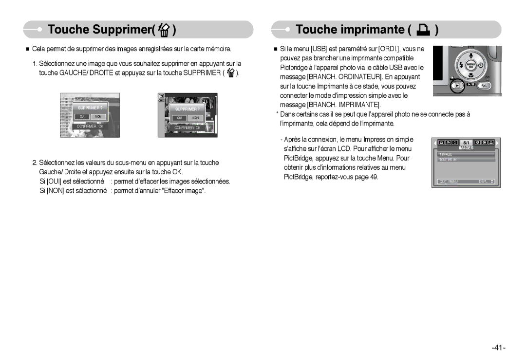 Samsung EC-I6ZZZSBA/FR, EC-I6ZZZSBB/FR, EC-I6ZZZBBB/FR, EC-I6ZZZBBA/FR manual Touche Supprimer, Touche imprimante 