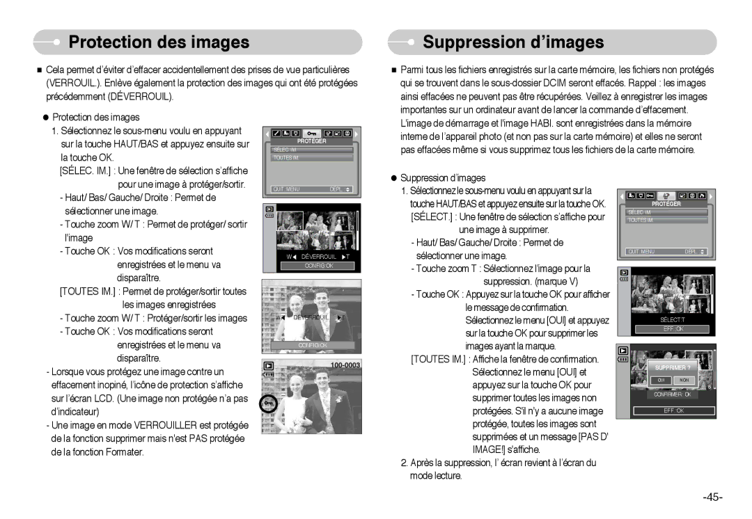 Samsung EC-I6ZZZSBA/FR, EC-I6ZZZSBB/FR, EC-I6ZZZBBB/FR, EC-I6ZZZBBA/FR manual Protection des images, Suppression d’images 