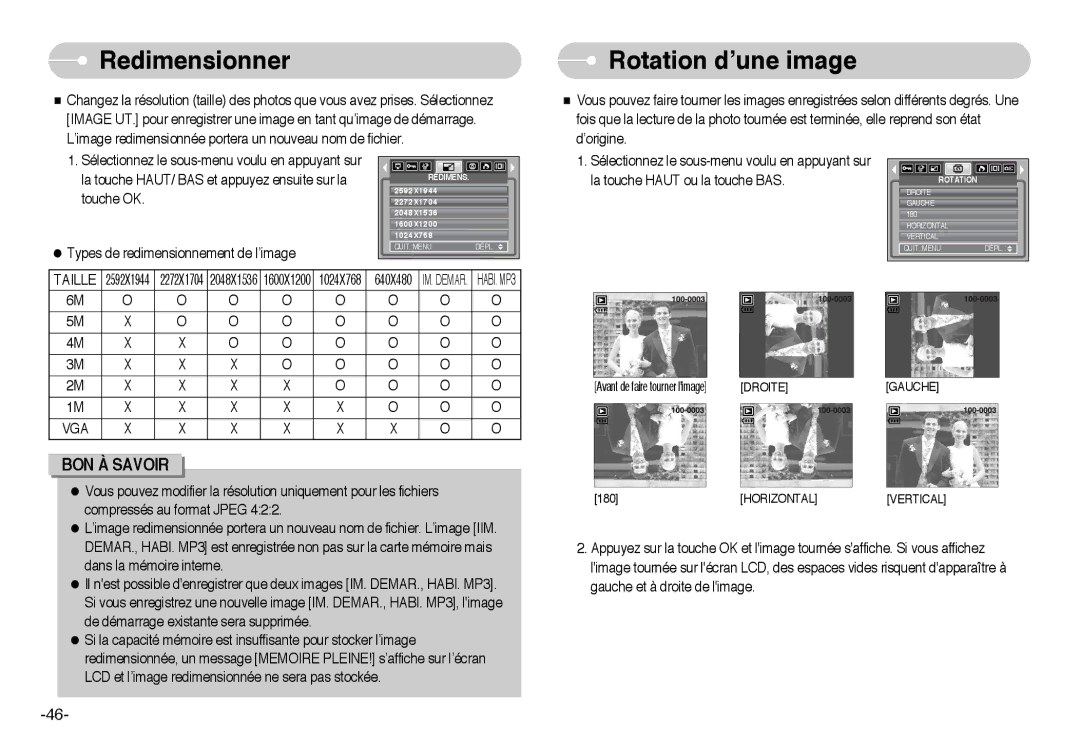 Samsung EC-I6ZZZBBA/FR, EC-I6ZZZSBB/FR, EC-I6ZZZBBB/FR, EC-I6ZZZSBA/FR manual Redimensionner, Rotation d’une image, Vga 