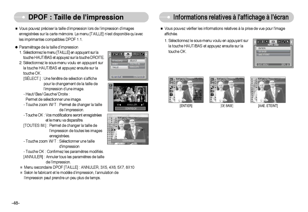 Samsung EC-I6ZZZBBB/FR, EC-I6ZZZSBB/FR manual Dpof Taille de limpression, Informations relatives à laffichage à lécran 