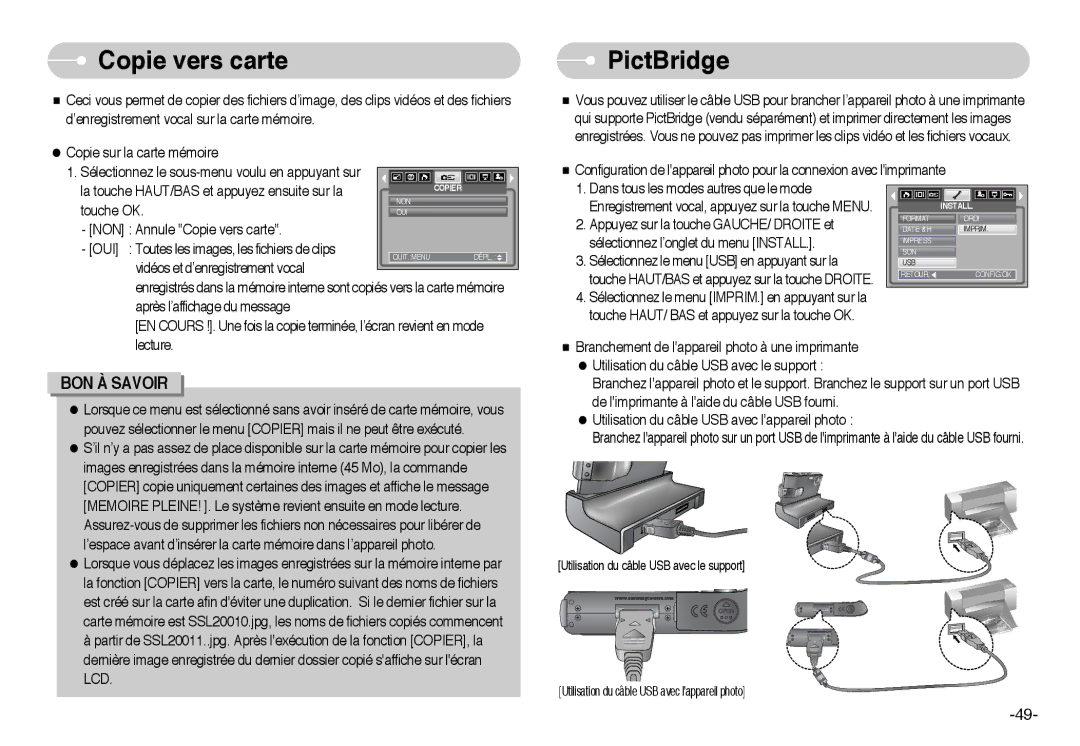 Samsung EC-I6ZZZSBA/FR, EC-I6ZZZSBB/FR, EC-I6ZZZBBB/FR, EC-I6ZZZBBA/FR manual Copie vers carte, PictBridge 