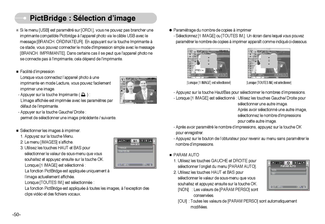 Samsung EC-I6ZZZBBA/FR, EC-I6ZZZSBB/FR, EC-I6ZZZBBB/FR, EC-I6ZZZSBA/FR manual PictBridge Sélection d’image, Param Auto 