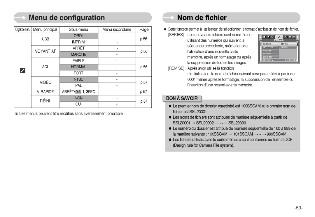 Samsung EC-I6ZZZSBA/FR, EC-I6ZZZSBB/FR, EC-I6ZZZBBB/FR, EC-I6ZZZBBA/FR Nom de fichier, Voyant AF, Faible ACL, Pal, Réini 