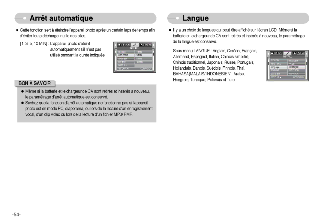 Samsung EC-I6ZZZBBA/FR, EC-I6ZZZSBB/FR, EC-I6ZZZBBB/FR, EC-I6ZZZSBA/FR manual Arrêt automatique, Langue 