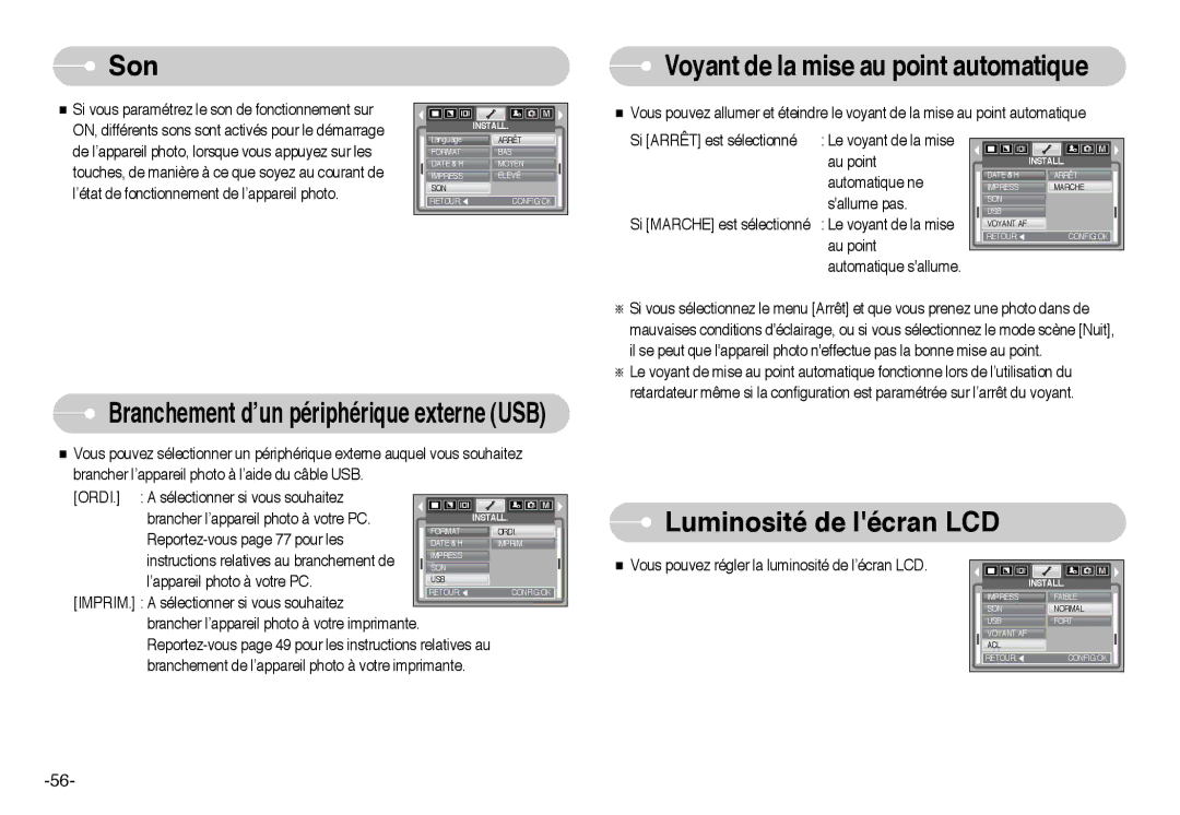 Samsung EC-I6ZZZBBB/FR, EC-I6ZZZSBB/FR, EC-I6ZZZSBA/FR, EC-I6ZZZBBA/FR manual Son, Luminosité de lécran LCD 