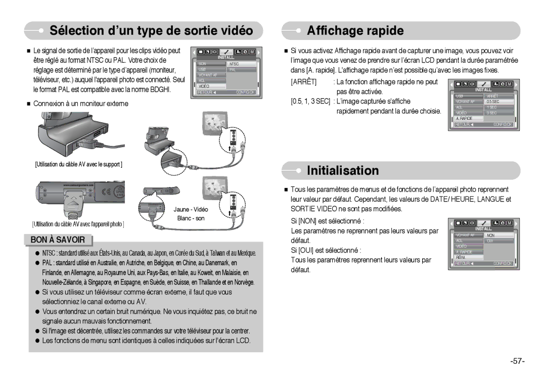 Samsung EC-I6ZZZSBA/FR, EC-I6ZZZSBB/FR, EC-I6ZZZBBB/FR Sélection d’un type de sortie vidéo Affichage rapide, Initialisation 