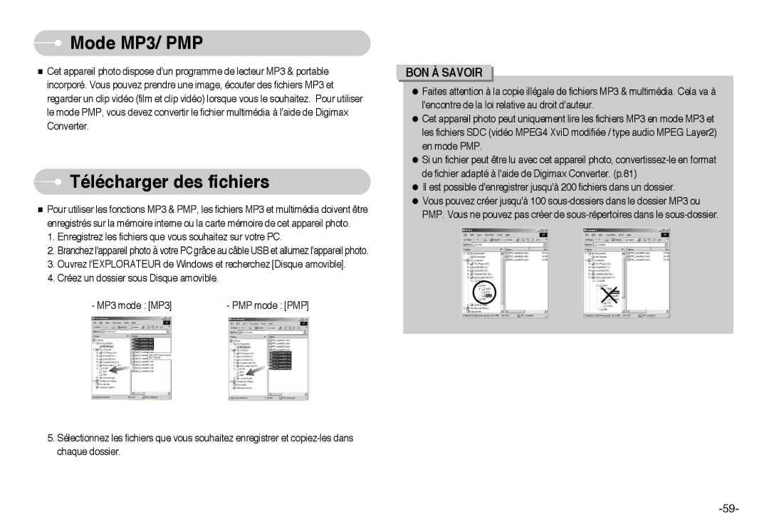 Samsung EC-I6ZZZSBB/FR, EC-I6ZZZBBB/FR, EC-I6ZZZSBA/FR, EC-I6ZZZBBA/FR manual Mode MP3/ PMP, Télécharger des fichiers 