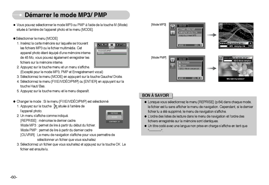 Samsung EC-I6ZZZBBB/FR, EC-I6ZZZSBB/FR, EC-I6ZZZSBA/FR, EC-I6ZZZBBA/FR manual Démarrer le mode MP3/ PMP, Mode MP3 Mode PMP 