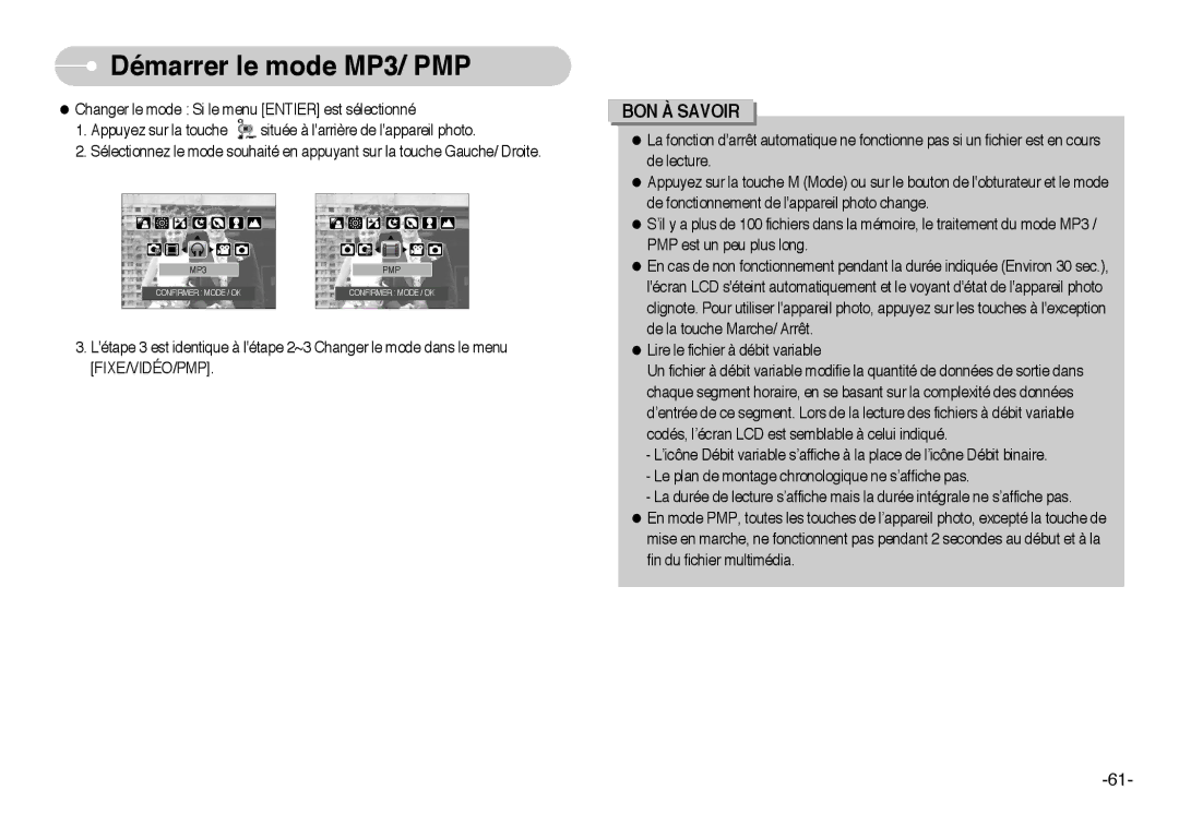 Samsung EC-I6ZZZSBA/FR, EC-I6ZZZSBB/FR, EC-I6ZZZBBB/FR, EC-I6ZZZBBA/FR Changer le mode Si le menu Entier est sélectionné 