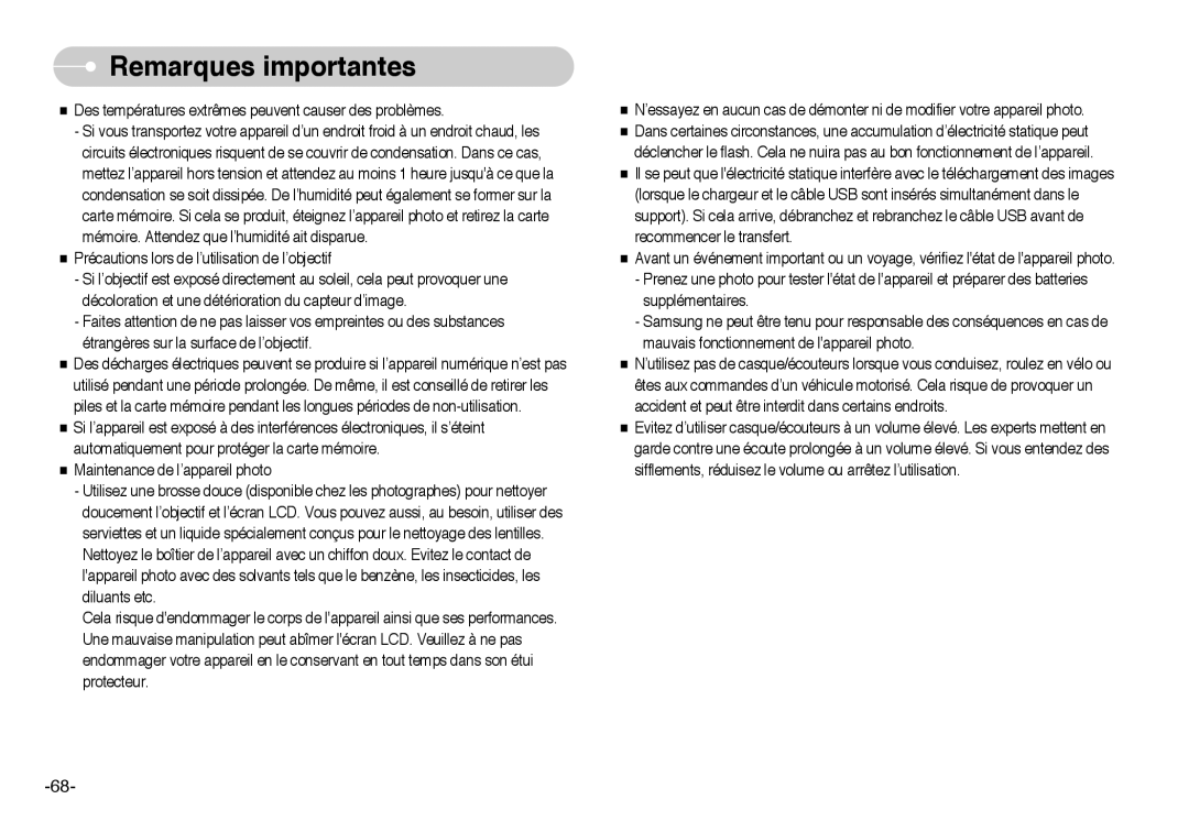 Samsung EC-I6ZZZBBB/FR, EC-I6ZZZSBB/FR, EC-I6ZZZSBA/FR, EC-I6ZZZBBA/FR manual Remarques importantes 