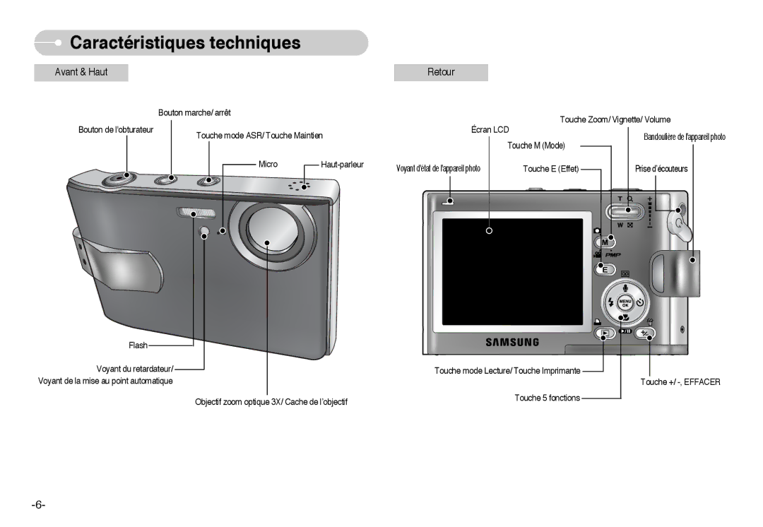 Samsung EC-I6ZZZBBA/FR, EC-I6ZZZSBB/FR, EC-I6ZZZBBB/FR, EC-I6ZZZSBA/FR manual Caractéristiques techniques, Avant & Haut Retour 