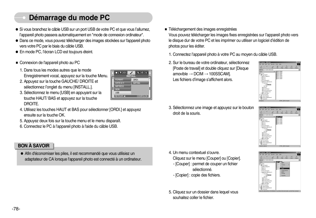 Samsung EC-I6ZZZBBA/FR, EC-I6ZZZSBB/FR, EC-I6ZZZBBB/FR, EC-I6ZZZSBA/FR manual Démarrage du mode PC, Droite 