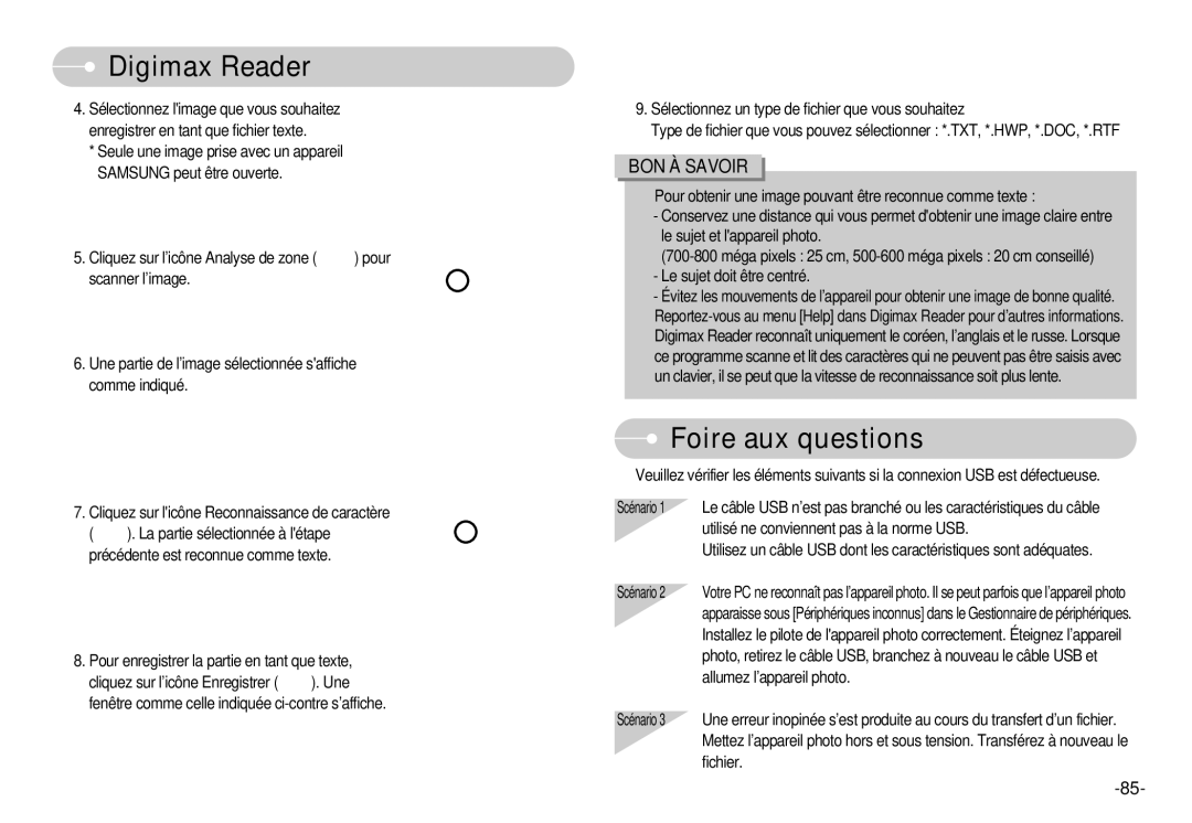 Samsung EC-I6ZZZSBA/FR, EC-I6ZZZSBB/FR, EC-I6ZZZBBB/FR, EC-I6ZZZBBA/FR manual Digimax Reader, Foire aux questions 