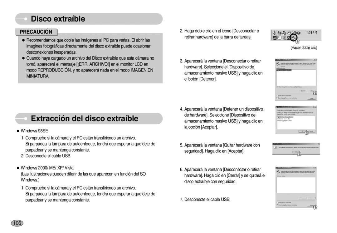 Samsung EC-I70ZZBBB/PT, EC-I70ZZGBC/E1, EC-I70ZZSBA/DE, EC-I70ZZSBD/SP, EC-I70ZZPBE/E1 manual Extracción del disco extraíble 