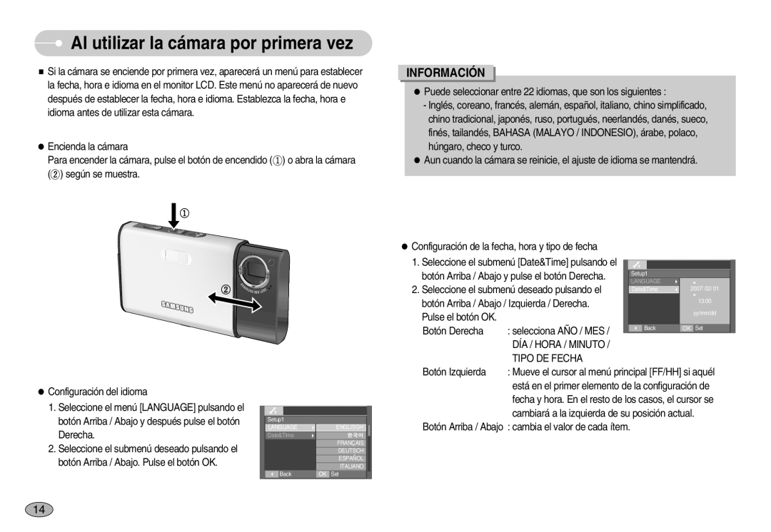 Samsung EC-I70ZZSBE/E1, EC-I70ZZGBC/E1 manual Al utilizar la cámara por primera vez, DÍA / Hora / Minuto Tipo DE Fecha 