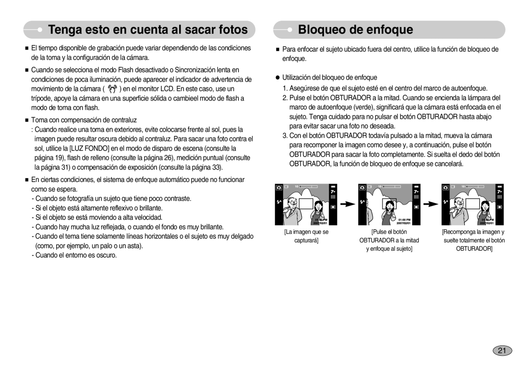 Samsung EC-I70ZZBBE/E1, EC-I70ZZGBC/E1, EC-I70ZZSBA/DE, EC-I70ZZSBD/SP, EC-I70ZZPBE/E1, EC-I70ZZPBD/SP manual Bloqueo de enfoque 