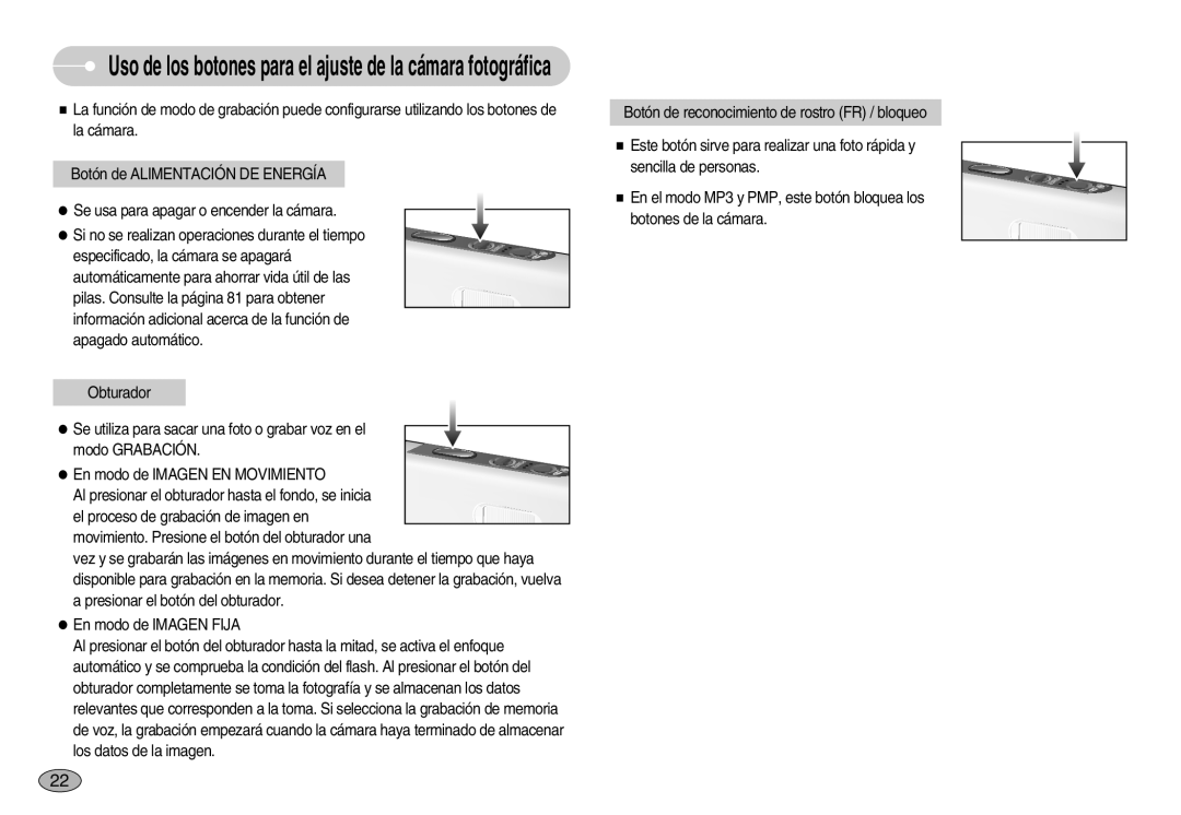 Samsung EC-I70ZZBBB/PT, EC-I70ZZGBC/E1, EC-I70ZZSBA/DE manual Uso de los botones para el ajuste de la cámara fotográfica 