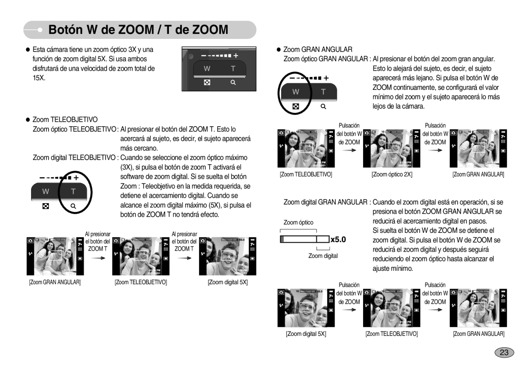 Samsung EC-I70ZZPBC/E1, EC-I70ZZGBC/E1, EC-I70ZZSBA/DE, EC-I70ZZSBD/SP, EC-I70ZZPBE/E1 manual Botón W de Zoom / T de Zoom 