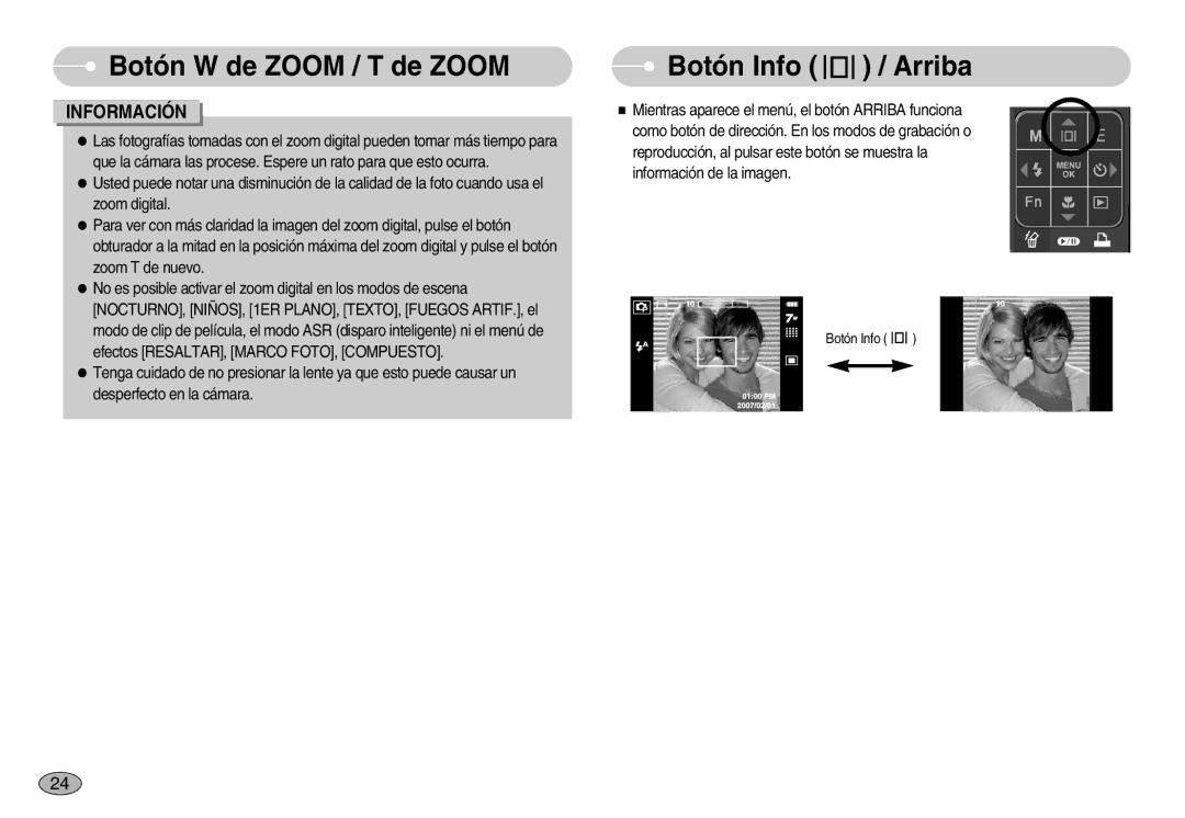 Samsung EC-I70ZZGBE/E1, EC-I70ZZGBC/E1, EC-I70ZZSBA/DE, EC-I70ZZSBD/SP, EC-I70ZZPBE/E1, EC-I70ZZPBD/SP Botón Info / Arriba 