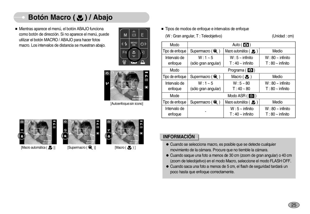 Samsung EC-I70ZZGBB/GB, EC-I70ZZGBC/E1, EC-I70ZZSBA/DE, EC-I70ZZSBD/SP, EC-I70ZZPBE/E1, EC-I70ZZPBD/SP Botón Macro / Abajo 