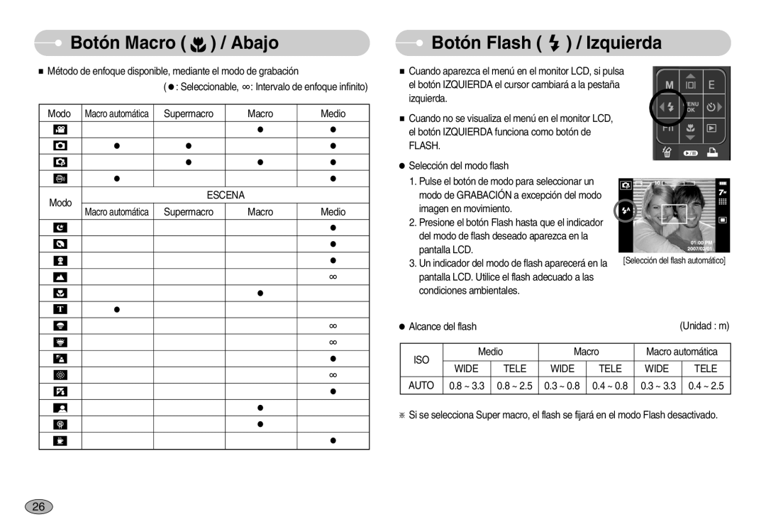 Samsung EC-I70ZZBBA/SP, EC-I70ZZGBC/E1, EC-I70ZZSBA/DE, EC-I70ZZSBD/SP Botón Flash / Izquierda, Escena, Iso, Wide Tele Auto 