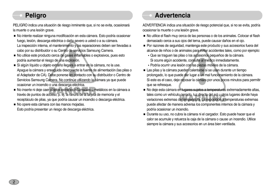 Samsung EC-I70ZZPBE/E1, EC-I70ZZGBC/E1, EC-I70ZZSBA/DE, EC-I70ZZSBD/SP, EC-I70ZZPBD/SP, EC-I70ZZBBD/SP Peligro, Advertencia 