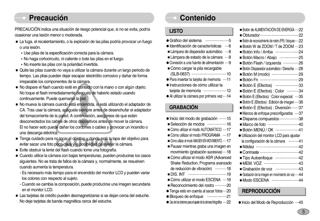 Samsung EC-I70ZZPBD/SP, EC-I70ZZGBC/E1, EC-I70ZZSBA/DE, EC-I70ZZSBD/SP manual Precaución, Contenido, Mem. Voz, Dis. Int 