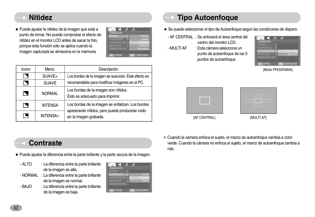 Samsung EC-I70ZZSBE/E1, EC-I70ZZGBC/E1, EC-I70ZZSBA/DE, EC-I70ZZSBD/SP Nitidez, Tipo Autoenfoque, Contraste, Suave+, Alto 