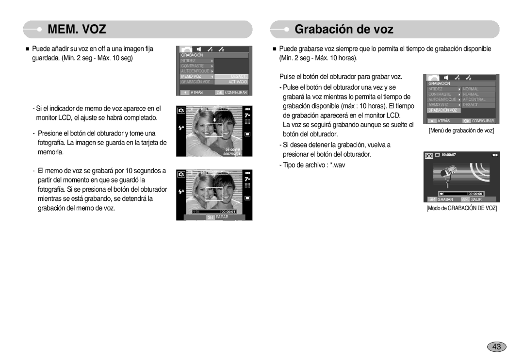 Samsung EC-I70ZZSBA/SP, EC-I70ZZGBC/E1, EC-I70ZZSBA/DE, EC-I70ZZSBD/SP, EC-I70ZZPBE/E1 manual Mem. Voz, Grabación de voz 