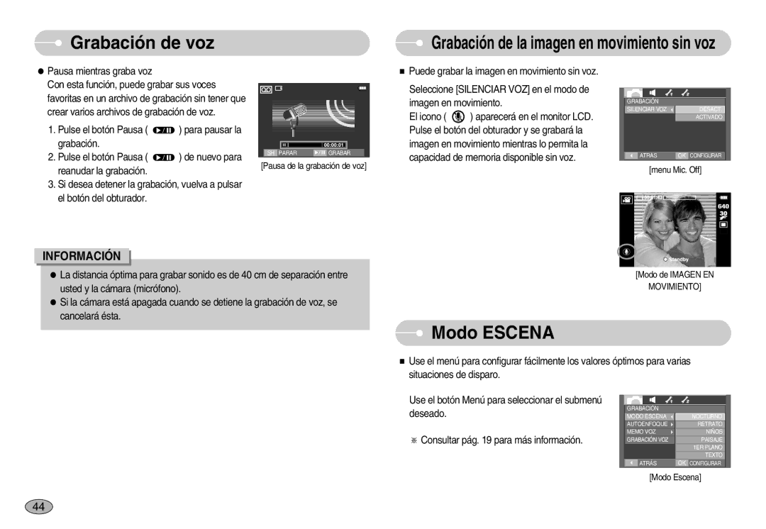 Samsung EC-I70ZZSBB/GB, EC-I70ZZGBC/E1, EC-I70ZZSBA/DE manual Modo Escena, Grabación de la imagen en movimiento sin voz 