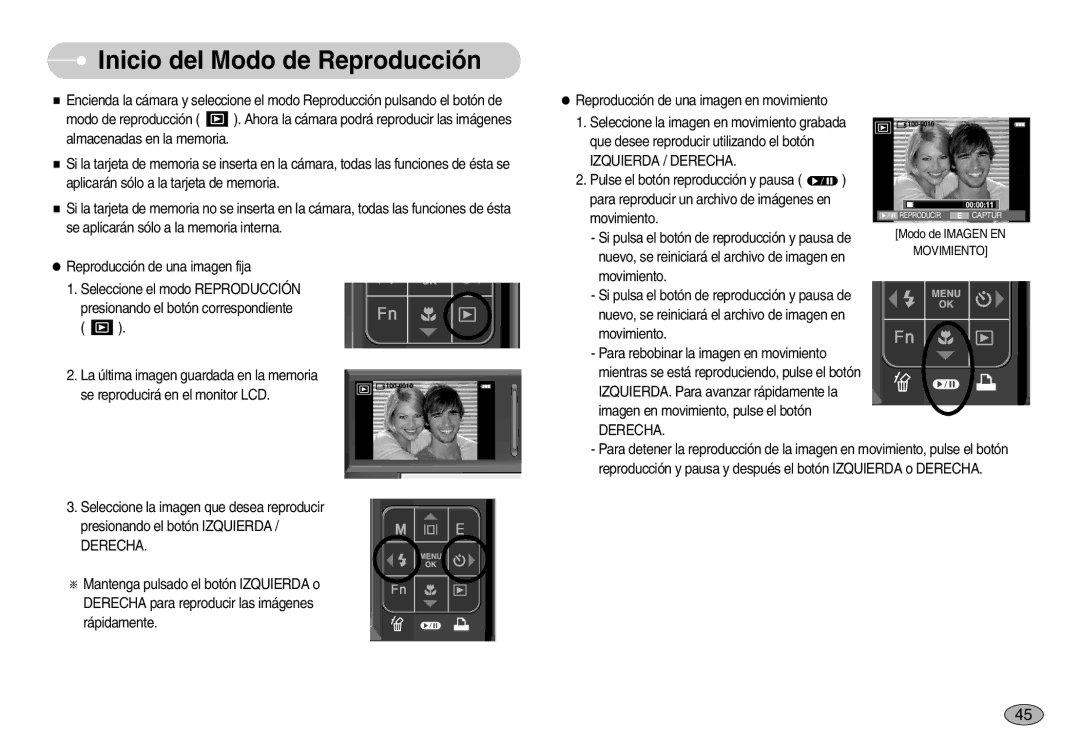 Samsung EC-I70ZZPBB/GB, EC-I70ZZGBC/E1, EC-I70ZZSBA/DE manual Inicio del Modo de Reproducción, Izquierda / Derecha 