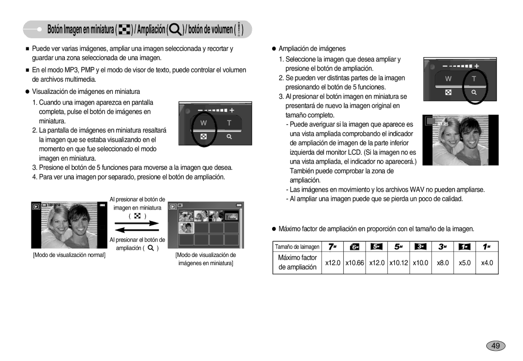 Samsung EC-I70ZZBBE/E1, EC-I70ZZGBC/E1, EC-I70ZZSBA/DE manual Botón Imagen en miniatura / Ampliación / botón de volumen 