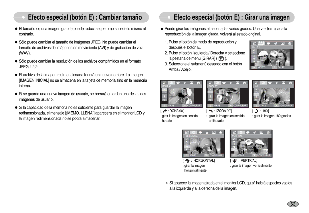 Samsung EC-I70ZZGBB/GB, EC-I70ZZGBC/E1, EC-I70ZZSBA/DE, EC-I70ZZSBD/SP manual Efecto especial botón E Girar una imagen 