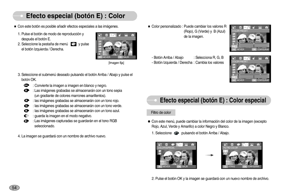 Samsung EC-I70ZZBBA/SP manual Efecto especial botón E Color, Después el botón E, Rojo, G Verde y B Azul, De la imagen 