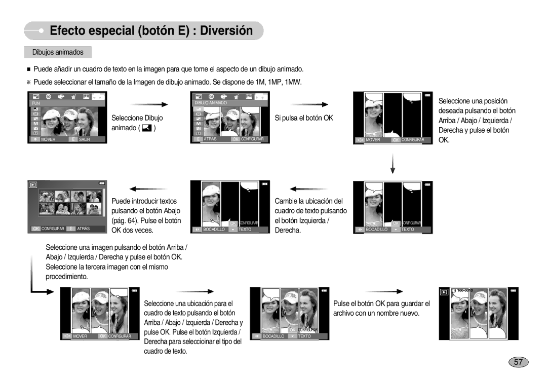 Samsung EC-I70ZZSBD/SP, EC-I70ZZGBC/E1 Efecto especial botón E Diversión, Seleccione Dibujo Si pulsa el botón OK Animado 