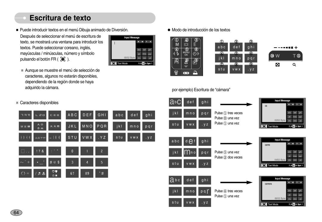 Samsung EC-I70ZZBBB/GB, EC-I70ZZGBC/E1 Escritura de texto, Mayúsculas / minúsculas, número y símbolo, Pulsando el botón FR 